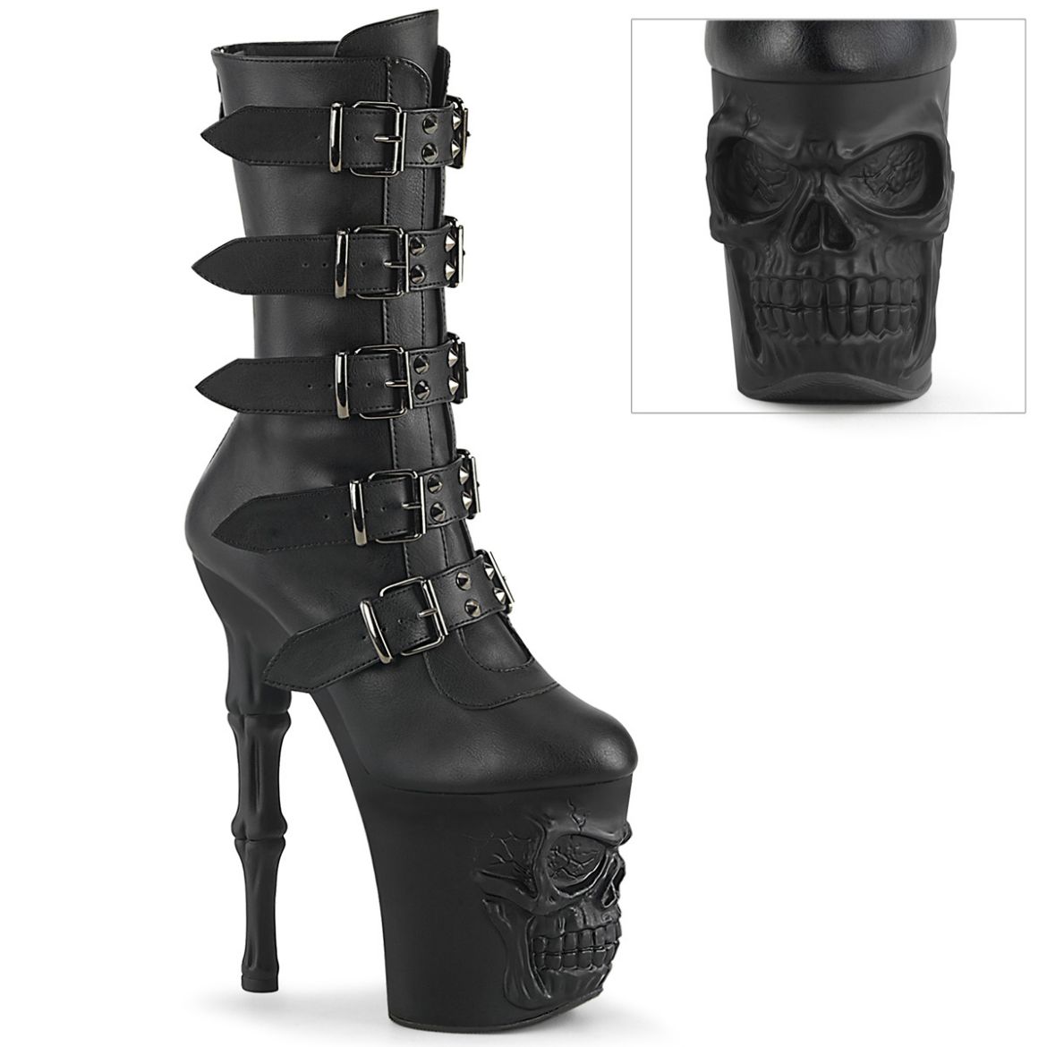 Product image of Pleaser RAPTURE-1052BK Blk Faux Leather/Blk Matte 8 Inch Finger Bone Heel 4 Inch Skull PF Mid Calf Boot Inside Zip