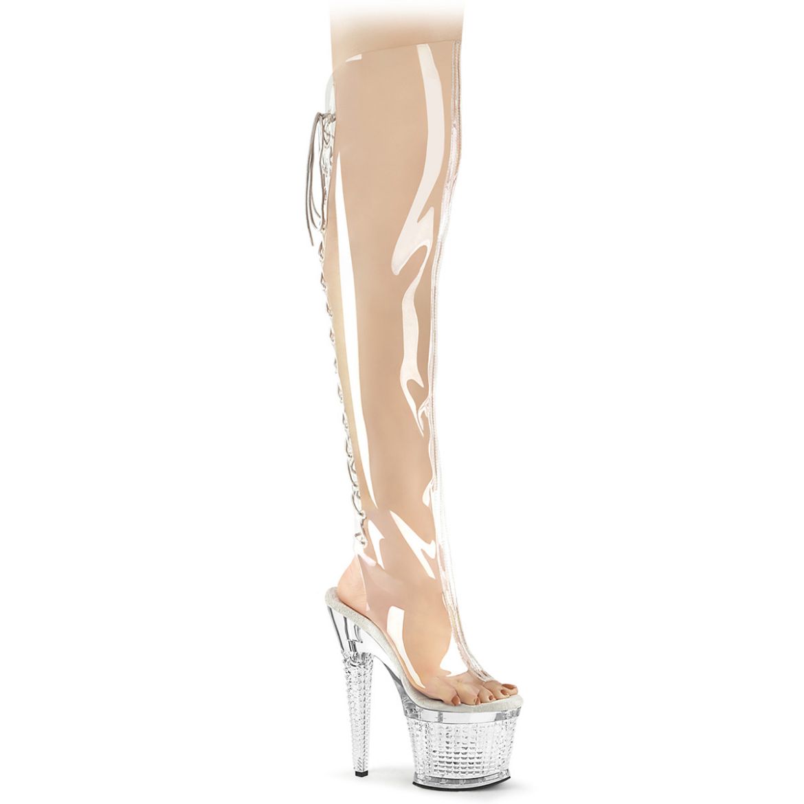Product image of Pleaser SPECTATOR-3019C Clr/Clr 7 Inch Heel 3 Inch Textured PF Open Toe/Heel OTK Boot Side Zip