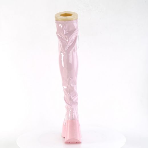 Product image of Demonia DYNAMITE-300 B. Pink Stretch Holo 5 Inch Star Cutout PF Wedge Lace-Up Thigh-High BootOutside Zip