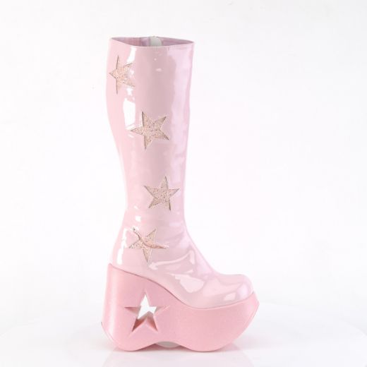 Product image of Demonia DYNAMITE-218 B. Pink Pat-B. Pink Multi Gliter 5 Inch Star Cutout PF Wedge Knee High Boot Inside Zip