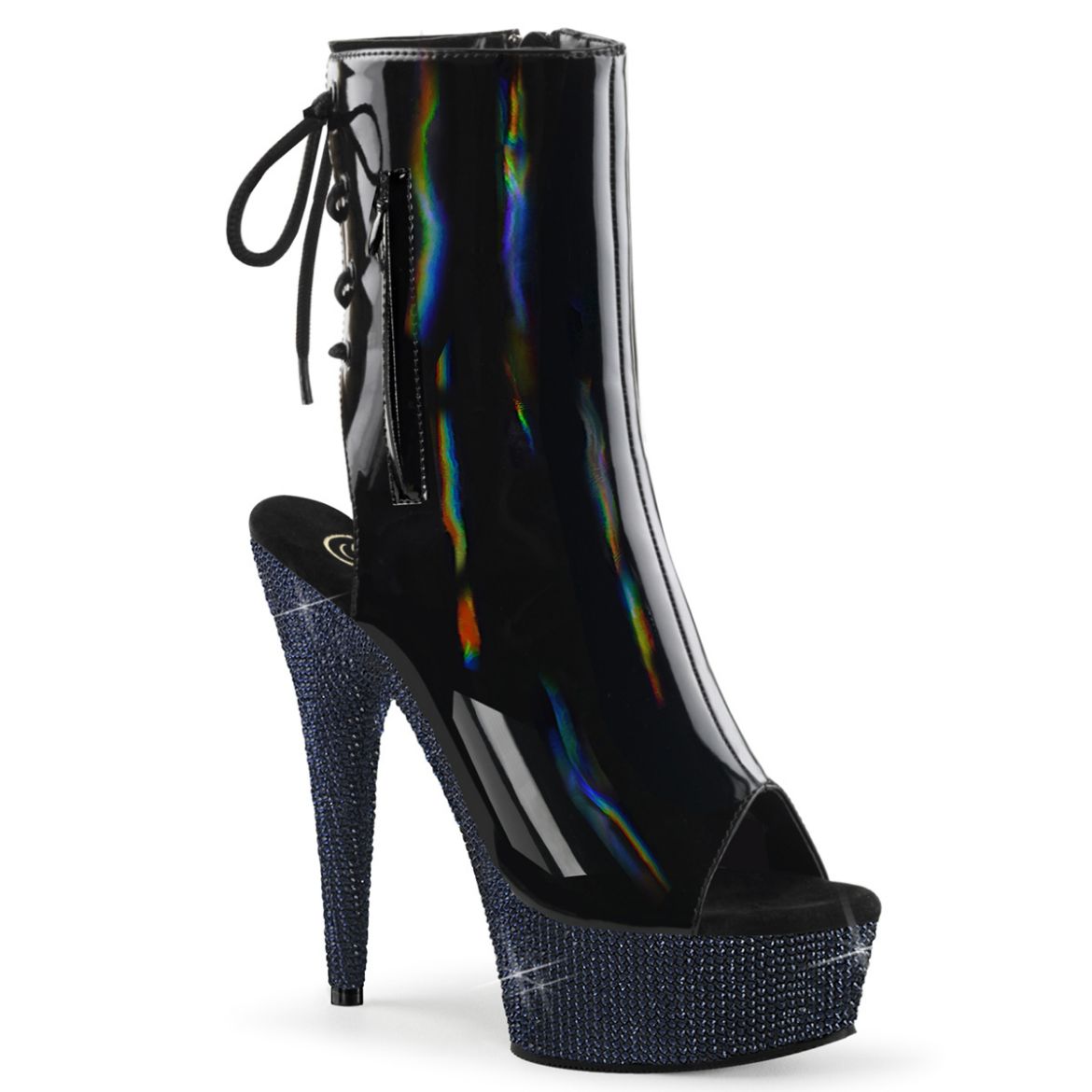 Product image of Pleaser BEJEWELED-1018DM-6 Blk Holo Pat/Midnight Blk RS 6 Inch Heel 1 3/4 Inch PF Open Toe/Heel Ankle Boot w/RS Side Zip