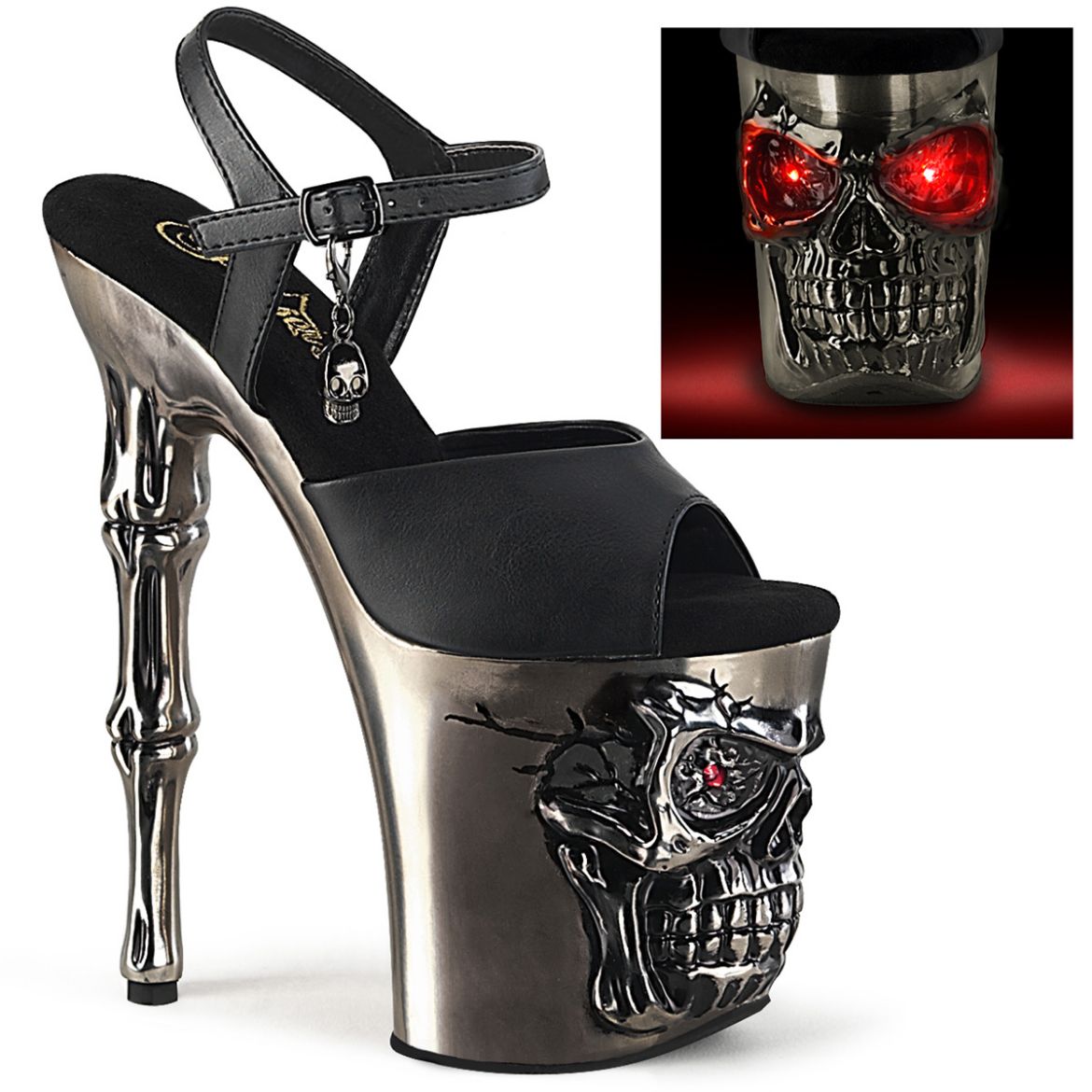 Product image of Pleaser RAPTURE-809-LT Blk Faux Leather/Satin Pewter Chrome 8 Inch Finger Bone Heel 4 Inch Skull PF LED Ankle Strap Sandal
