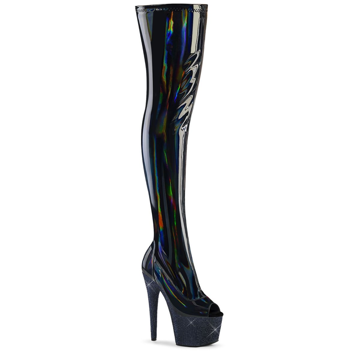 Product image of Pleaser BEJEWELED-3011-7 Blk Str Holo Pat/Midnight Blk RS 7 Inch Heel 2 3/4 Inch PF Peep Toe Thigh Boot w/RS Side Zip