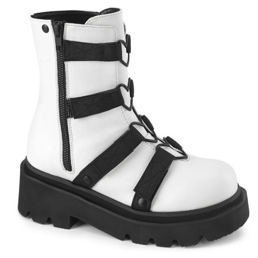 Product image of Demonia RENEGADE-50 Wht Vegan Leather-Nylon 2 1/2 Inch Tiered PF Strappy Ankle Boot Outer Side Zip