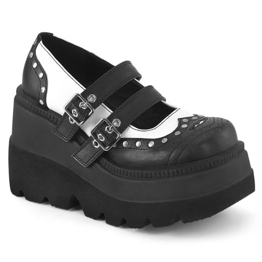 Product image of Demonia SHAKER-27 Blk-Wht Vegan Leather 4 1/2 Inch Wedge PF Double Strap Maryjane