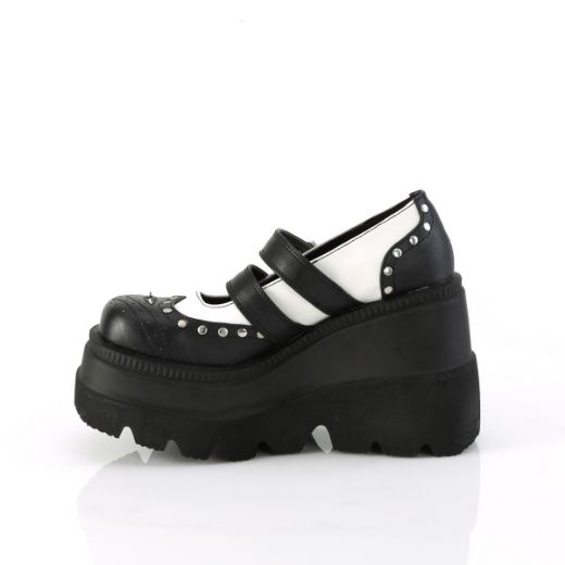 Product image of Demonia SHAKER-27 Blk-Wht Vegan Leather 4 1/2 Inch Wedge PF Double Strap Maryjane
