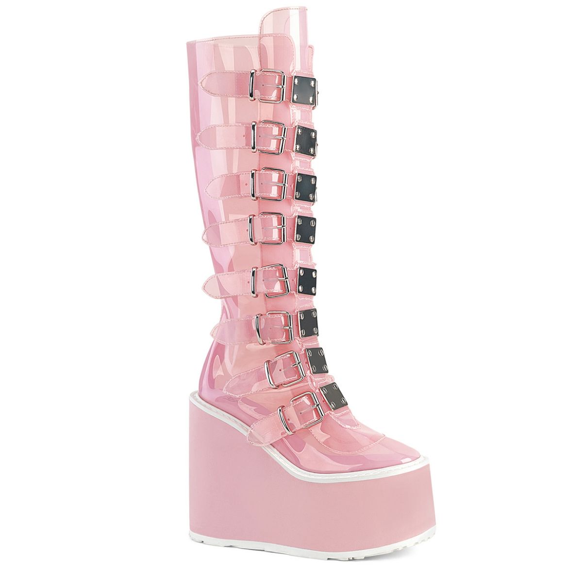 Product image of Demonia SWING-815C B. Pink TPU 5 1/2 Inch PF Knee High Boot w/ 8 Buckle Straps Back Metal Zip