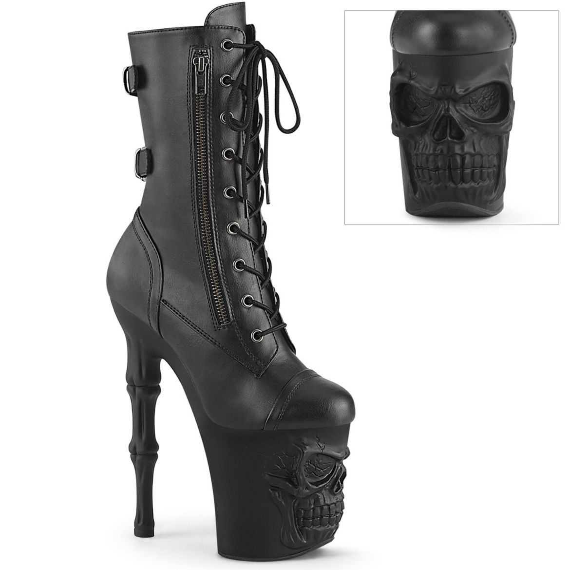 Product image of Pleaser RAPTURE-1047 Blk Faux Leather/Blk Matte 8 Inch Finger Bone Heel 4 Inch Skull PF Mid Calf Boot Inside Zip