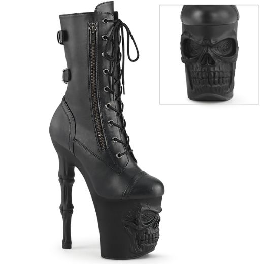 Product image of Pleaser RAPTURE-1047 Blk Faux Leather/Blk Matte 8 Inch Finger Bone Heel 4 Inch Skull PF Mid Calf Boot Inside Zip