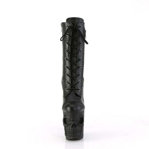 Product image of Pleaser RAPTURE-1047 Blk Faux Leather/Blk Matte 8 Inch Finger Bone Heel 4 Inch Skull PF Mid Calf Boot Inside Zip