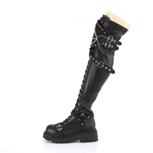 Product image of Demonia RENEGADE-320 Blk Stretch Vegan Leather 2 1/2 Inch Tiered PF Lace-Up Over-The-Knee Boots Inside Zip