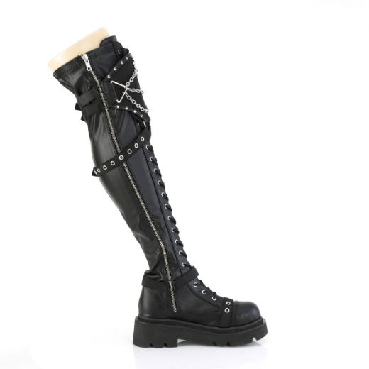 Product image of Demonia RENEGADE-320 Blk Stretch Vegan Leather 2 1/2 Inch Tiered PF Lace-Up Over-The-Knee Boots Inside Zip