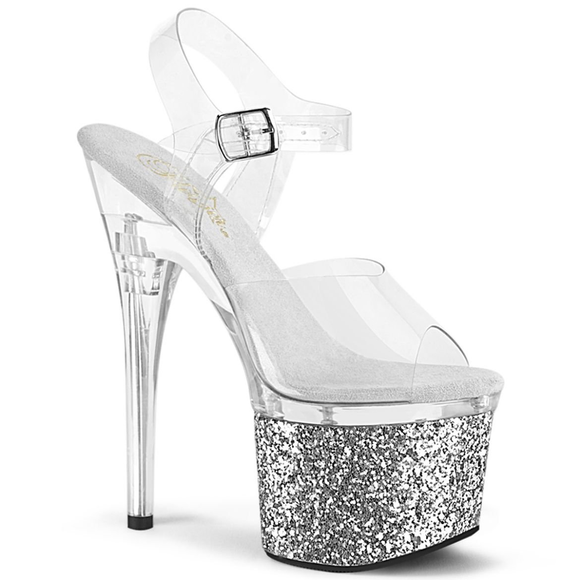 Product image of Pleaser ESTEEM-708LG Clr/Clr-Slv Glitter 7 Inch Heel 3 Inch PF Ankle Strap Sandal