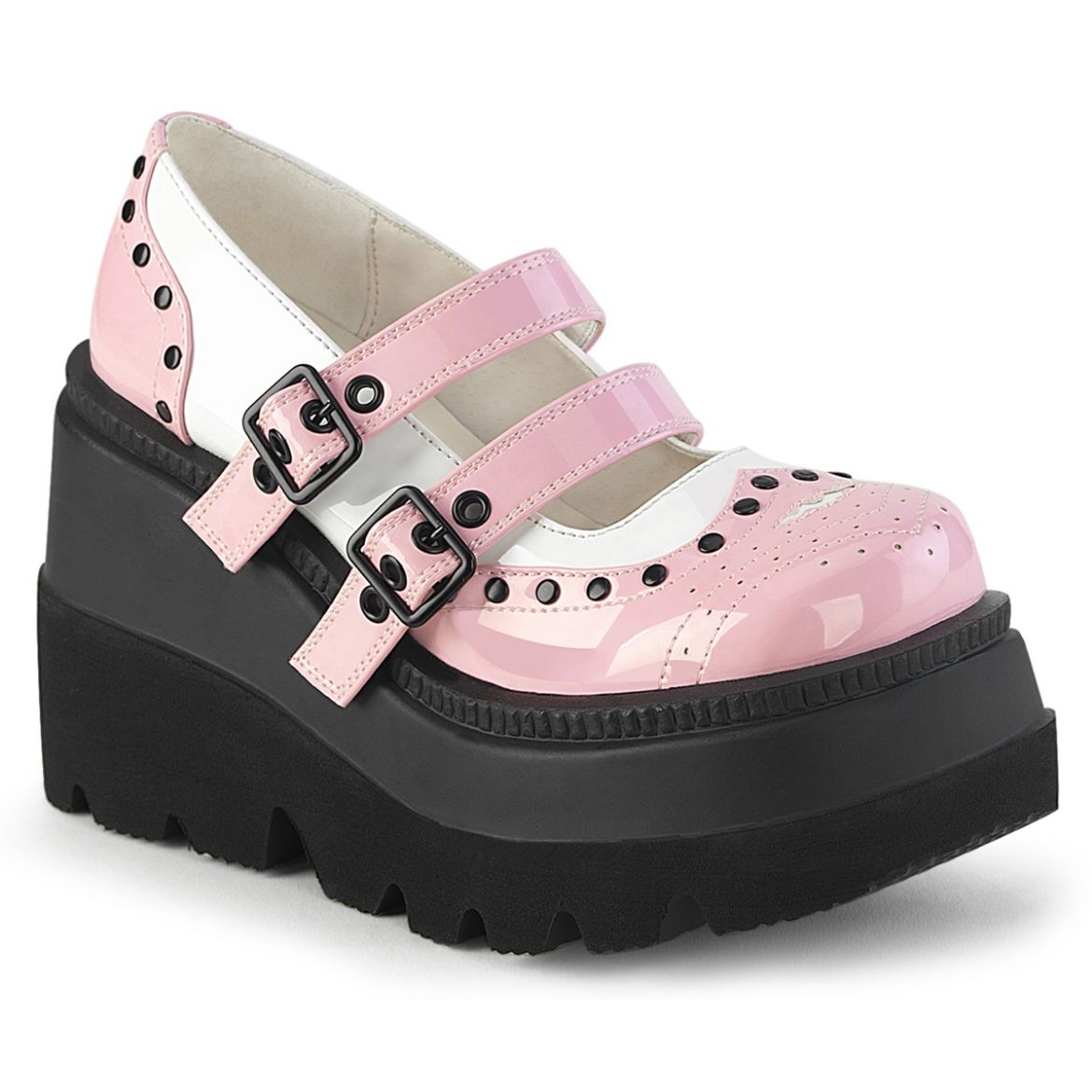 Product image of Demonia SHAKER-27 B. Pink-Wht Patent 4 1/2 Inch Wedge PF Double Strap Maryjane