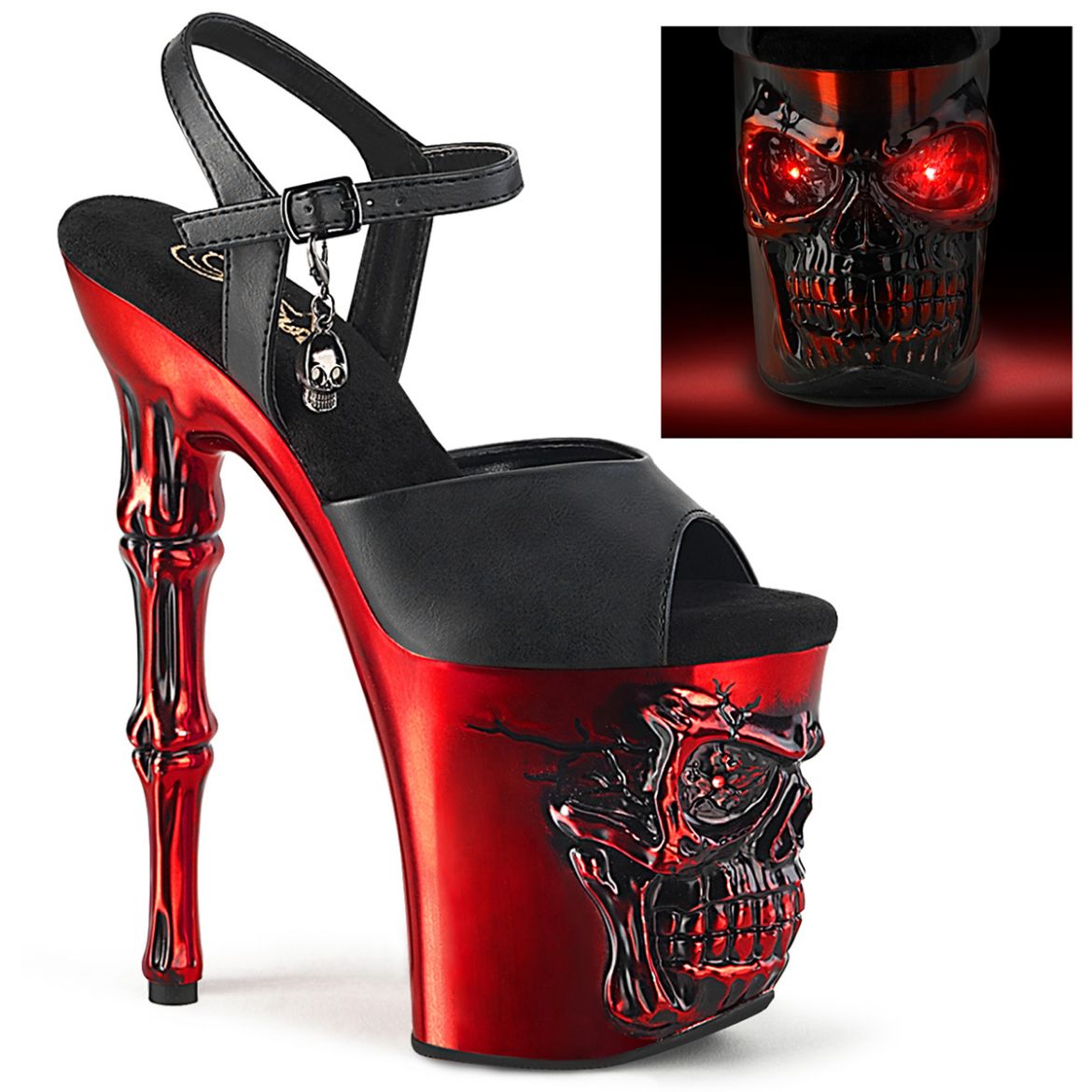 Product image of Pleaser RAPTURE-809-LT Blk Faux Leather/Satin Red Chrome 8 Inch Finger Bone Heel 4 Inch Skull PF LED Ankle Strap Sandal