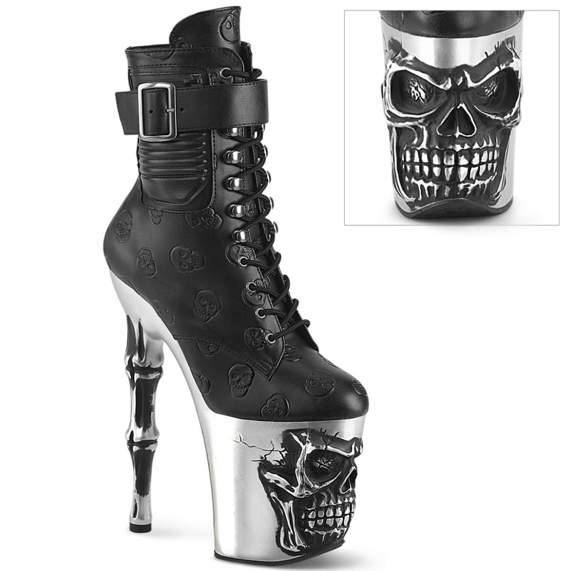 Product image of Pleaser RAPTURE-1020STR-02 Blk Faux Leather/Slv Matte-Rubbed Blk 8 Inch Finger Bone Heel 4 Inch Skull PF Ankle Boot Inside Zip