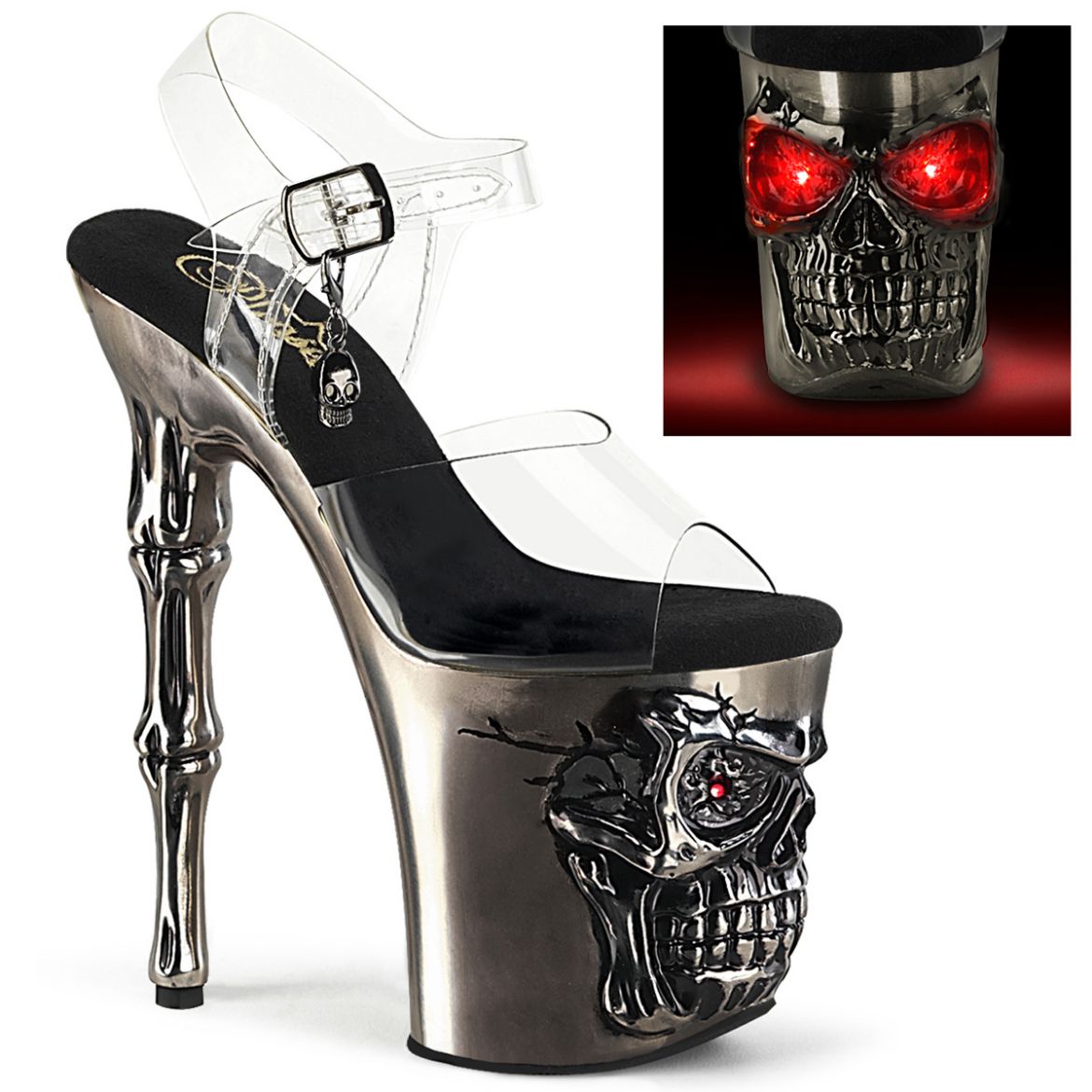 Product image of Pleaser RAPTURE-808-LT Clr/Satin Pewter Chrome 8 Inch Finger Bone Heel 4 Inch Skull PF LED Ankle Strap Sandal