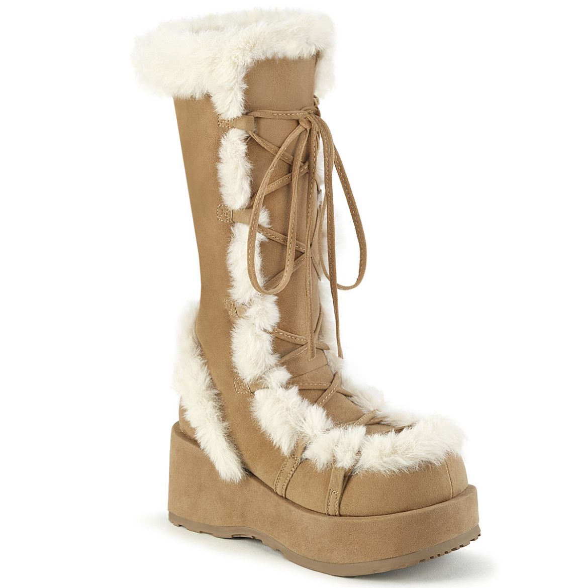 Product image of Demonia CUBBY-311 Camel Vegan Suede 2 3/4 Inch Platform Lace-Up Mid-Calf Boot Side Zip
