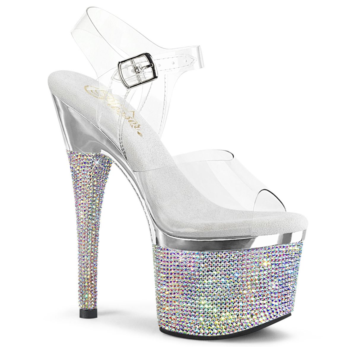 Product image of Pleaser ESTEEM-708DM Clr/Slv Chrome-Slv AB RS 7 Inch Heel 3 Inch PF Ankle Strap Sandal w/RS