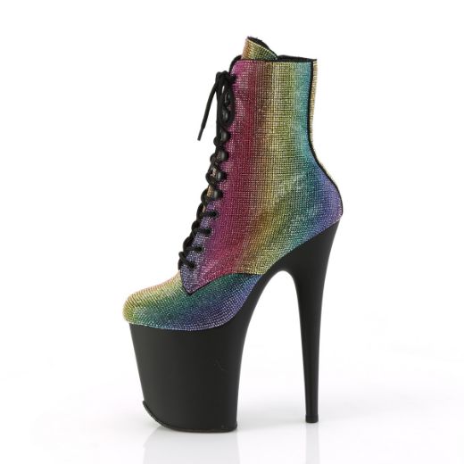 Product image of Pleaser FLAMINGO-1020RS Rainbow RS/Blk Matte 8 Inch Heel 4 Inch PF Lace-Up RS Embellished Ankle Boot Side Zip