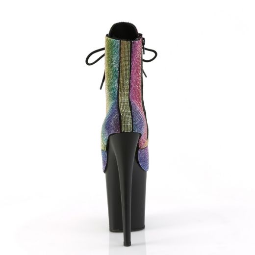Product image of Pleaser FLAMINGO-1020RS Rainbow RS/Blk Matte 8 Inch Heel 4 Inch PF Lace-Up RS Embellished Ankle Boot Side Zip