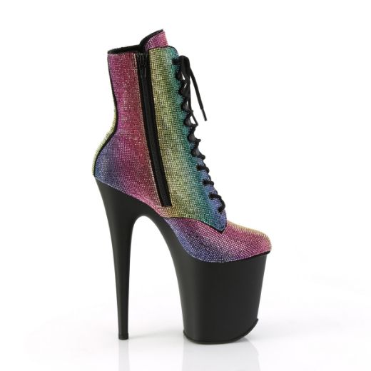 Product image of Pleaser FLAMINGO-1020RS Rainbow RS/Blk Matte 8 Inch Heel 4 Inch PF Lace-Up RS Embellished Ankle Boot Side Zip