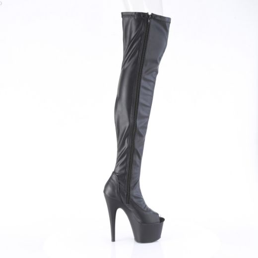 Product image of Pleaser ADORE-3011 Blk Str. Faux Leather/Blk Matte 7 Inch Heel 2 3/4 Inch PF Peep Toe Thigh High Boot Side Zip