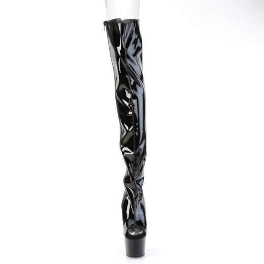 Product image of Pleaser ADORE-3017 Blk Str. Pat/Blk 7 Inch Heel 2 3/4 Inch PF Open Heel/Toe Thigh High Boot Side Zip