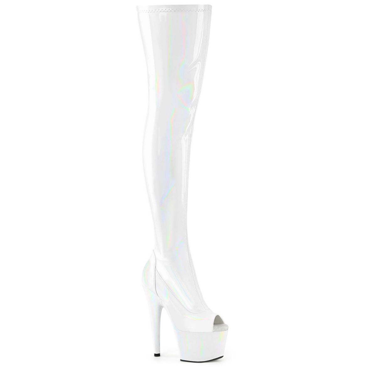 Product image of Pleaser ADORE-3011HWR Wht Str. Holo/Wht Holo 7 Inch Heel 2 3/4 Inch PF Peep Toe Thigh High Boot Side Zip