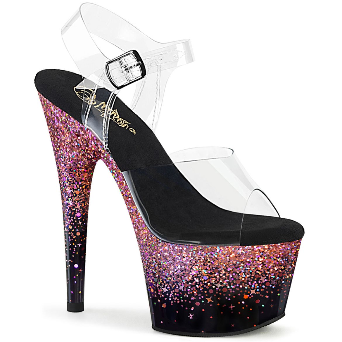 Product image of Pleaser ADORE-708SS Clr/Blk-Pink Multi Glitter 7 Inch Heel 2 3/4 Inch PF Ankle Strap Sandal