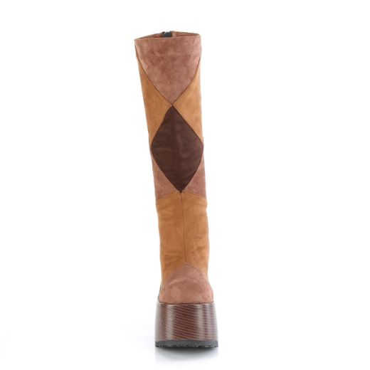 Product image of Demonia CAMEL-280 Brown Multi Vegan Suede 5 Inch Chunky Heel 3 Inch P/F Knee High Boot Inside Zip