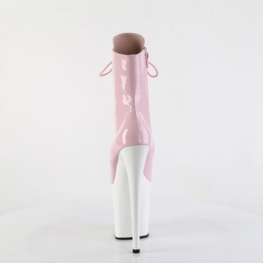 Product image of Pleaser FLAMINGO-1020 B. Pink Pat/Wht 8 Inch Heel 4 Inch PF Lace-Up Front Ankle Boot Side Zip