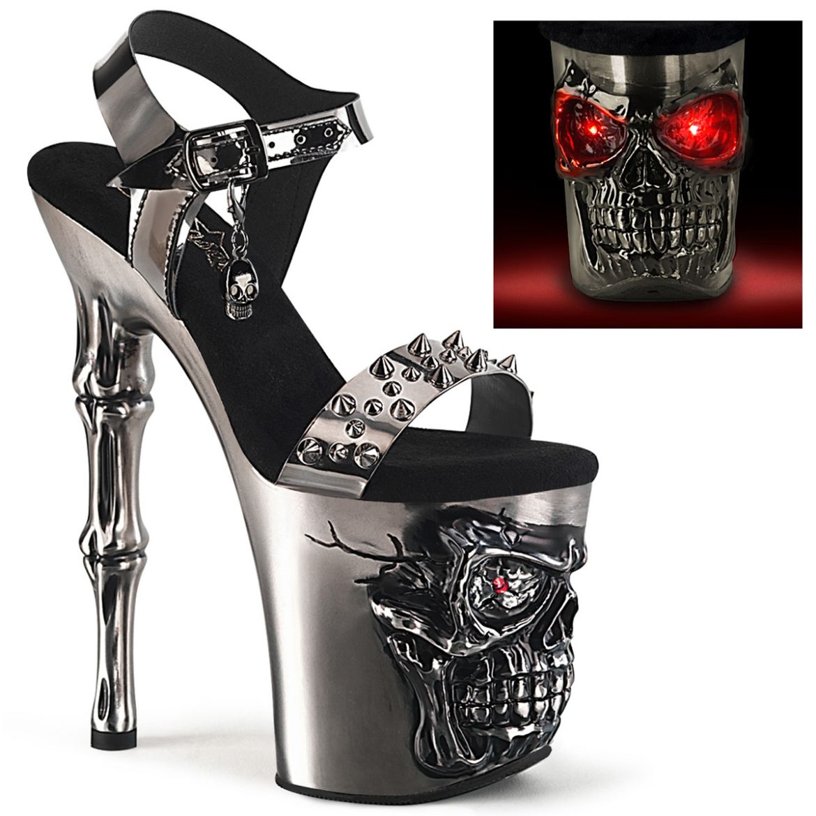 Product image of Pleaser RAPTURE-812-LT Pewter TPU/Satin Pewter Chrome 8 Inch Finger Bone Heel 4 Inch Skull PF LED Ankle Strap Sandal