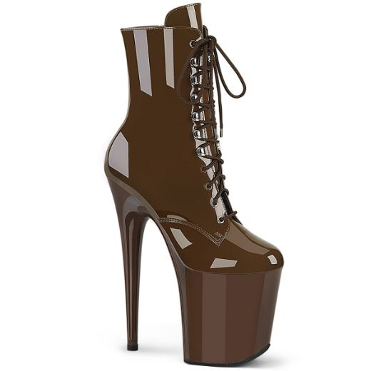 Product image of Pleaser FLAMINGO-1020 Mocha Pat/Mocha 8 Inch Heel 4 Inch PF Lace-Up Front Ankle Boot Side Zip