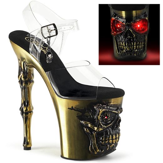 Product image of Pleaser RAPTURE-808-LT Clr/Satin Brass Chrome 8 Inch Finger Bone Heel 4 Inch Skull PF LED Ankle Strap Sandal