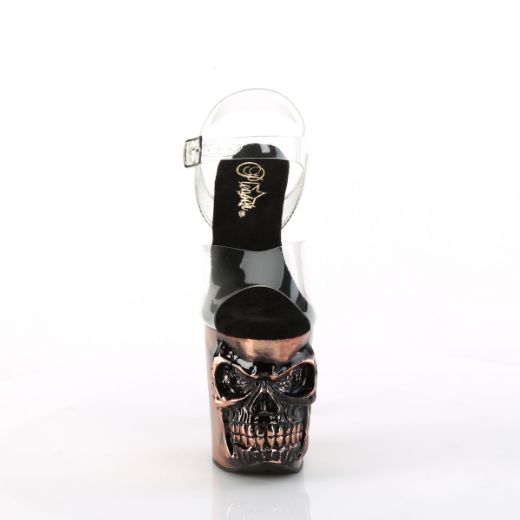 Product image of Pleaser RAPTURE-808-LT Clr/Satin Brass Chrome 8 Inch Finger Bone Heel 4 Inch Skull PF LED Ankle Strap Sandal