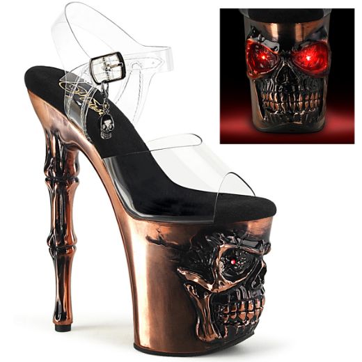 Product image of Pleaser RAPTURE-808-LT Clr/Satin Copper Chrome 8 Inch Finger Bone Heel 4 Inch Skull PF LED Ankle Strap Sandal