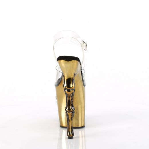 Product image of Pleaser RAPTURE-808-LT Clr/Satin Copper Chrome 8 Inch Finger Bone Heel 4 Inch Skull PF LED Ankle Strap Sandal
