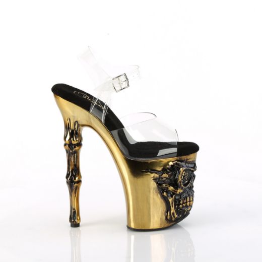 Product image of Pleaser RAPTURE-808-LT Clr/Satin Copper Chrome 8 Inch Finger Bone Heel 4 Inch Skull PF LED Ankle Strap Sandal