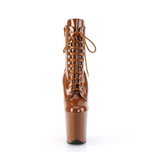 Product image of Pleaser FLAMINGO-1020 Caramel Pat/Caramel 8 Inch Heel 4 Inch PF Lace-Up Front Ankle Boot Side Zip