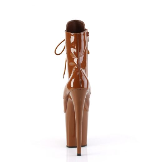 Product image of Pleaser FLAMINGO-1020 Caramel Pat/Caramel 8 Inch Heel 4 Inch PF Lace-Up Front Ankle Boot Side Zip