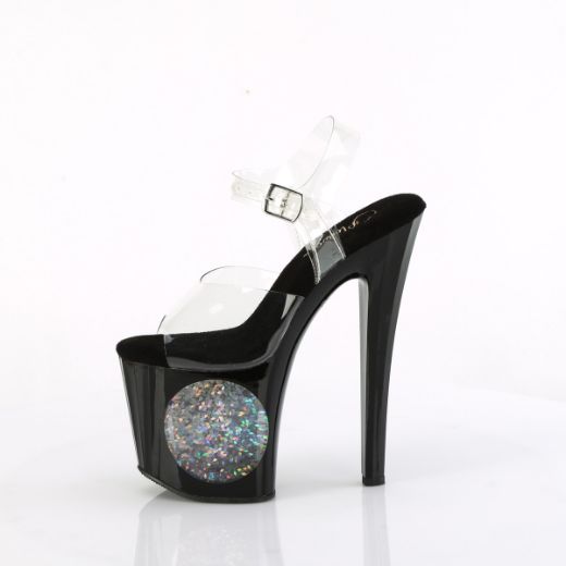 Product image of Pleaser ENCHANT-708LT-CIRCLE Clr/Blk-Slv Glitter 7 1/2 Inch Heel 3 1/2 Inch PF LED Illuminated Ankle Strap Sandal