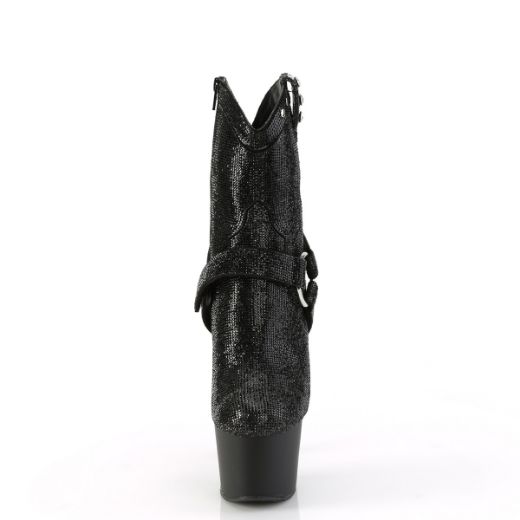 Product image of Pleaser ADORE-1029RS Blk RS/Blk Matte 7 Inch Heel 2 3/4 Inch PF RS Embellished Ankle Boot Side Zip
