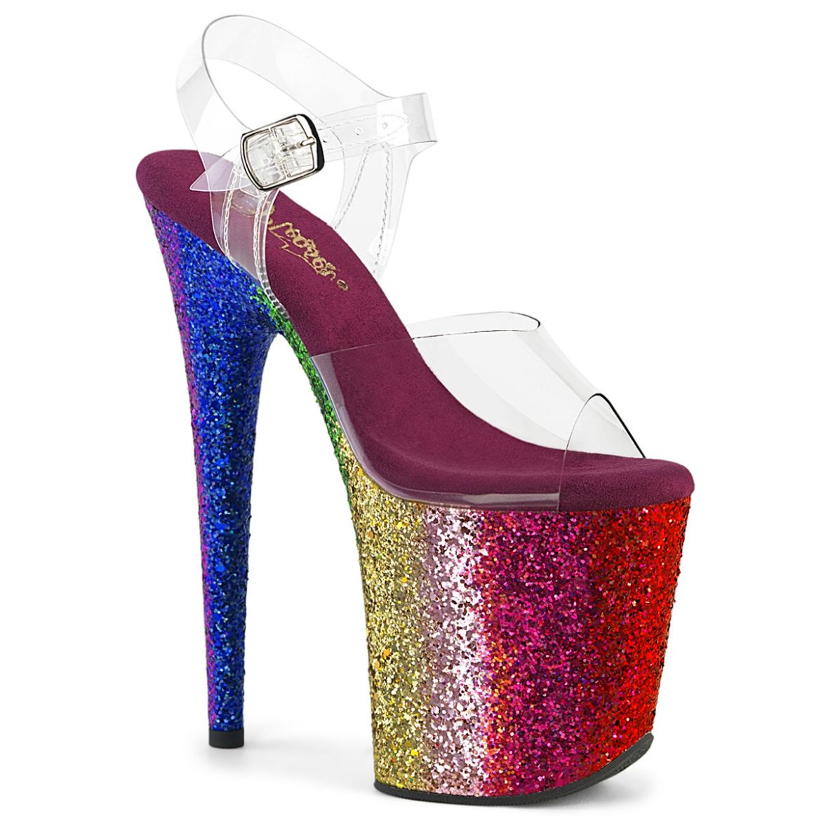 Product image of Pleaser FLAMINGO-808RBG Clr/Rainbow Glitter 8 Inch Heel 4 Inch PF Ankle Strap Sandal w/Gliiter Bottom