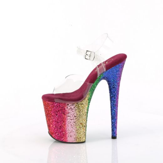 Product image of Pleaser FLAMINGO-808RBG Clr/Rainbow Glitter 8 Inch Heel 4 Inch PF Ankle Strap Sandal w/Gliiter Bottom