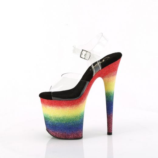 Product image of Pleaser FLAMINGO-808RG-04 Clr/Rainbow Glitter 8 Inch Heel 4 Inch PF Ankle Strap Sandal w/Gliiter Bottom