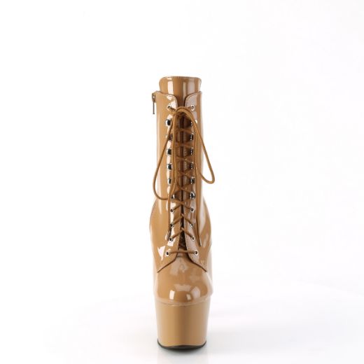 Product image of Pleaser ADORE-1020 Toffee Pat/Toffee 7 Inch Heel 2 3/4 Inch PF Lace-Front Ankle Boot Side Zip
