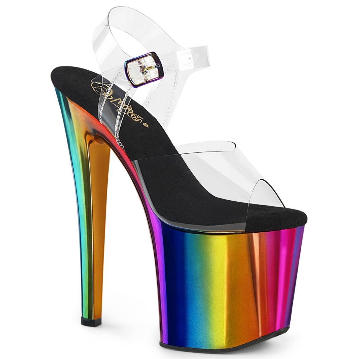 Product image of Pleaser ENCHANT-708RC Clr/Rainbow Chrome 7 1/2 Inch Heel 3 1/2 Inch Chrome Plated PF Ankle Strap Sandal