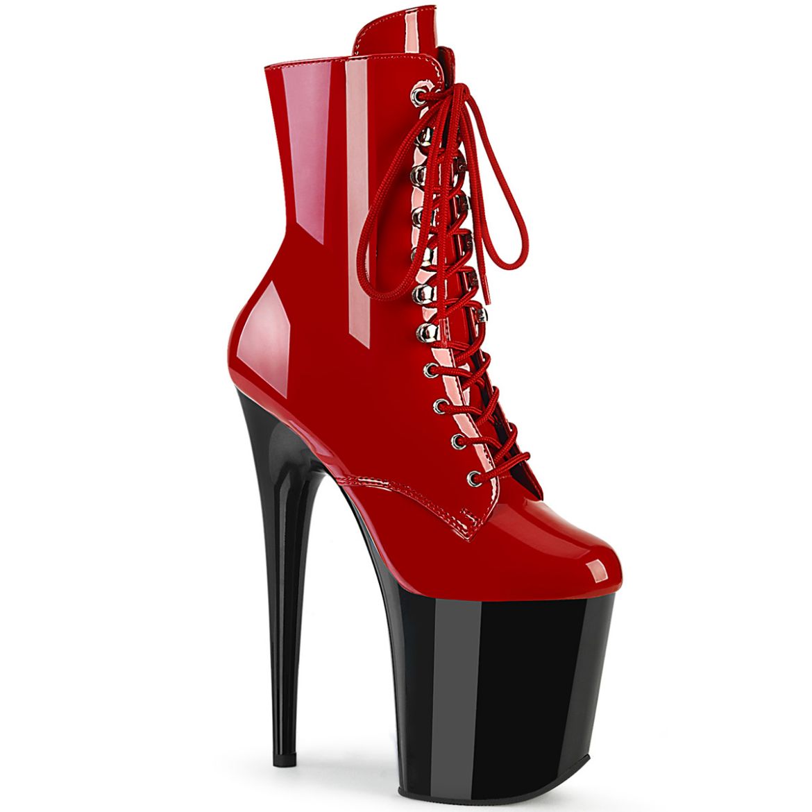 Product image of Pleaser FLAMINGO-1020 Red Pat/Blk 8 Inch Heel 4 Inch PF Lace-Up Front Ankle Boot Side Zip