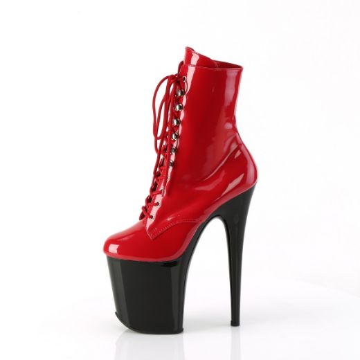 Product image of Pleaser FLAMINGO-1020 Red Pat/Blk 8 Inch Heel 4 Inch PF Lace-Up Front Ankle Boot Side Zip